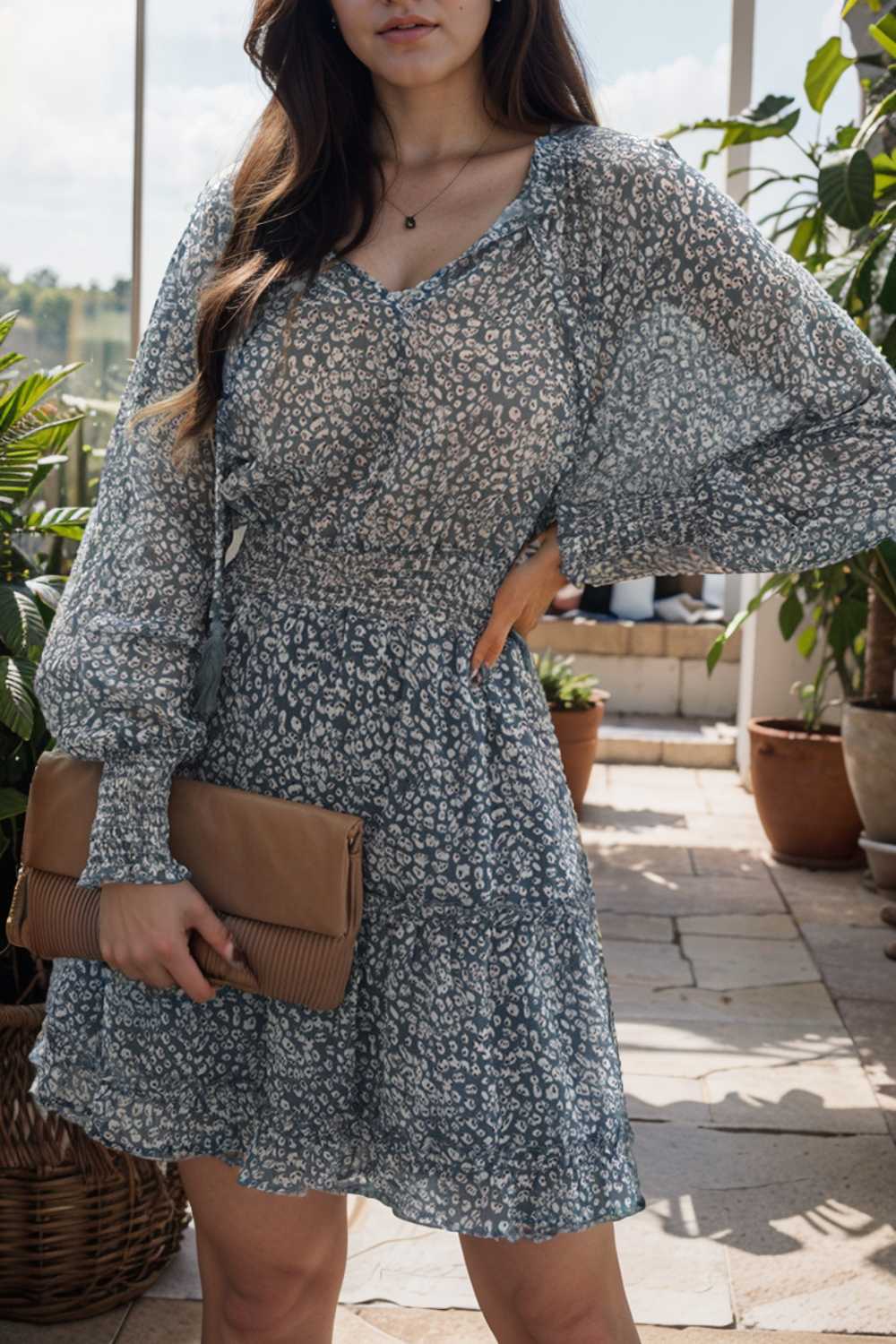 loose leopard print v neck dress drop shoulder a line closed cape paneled 130309