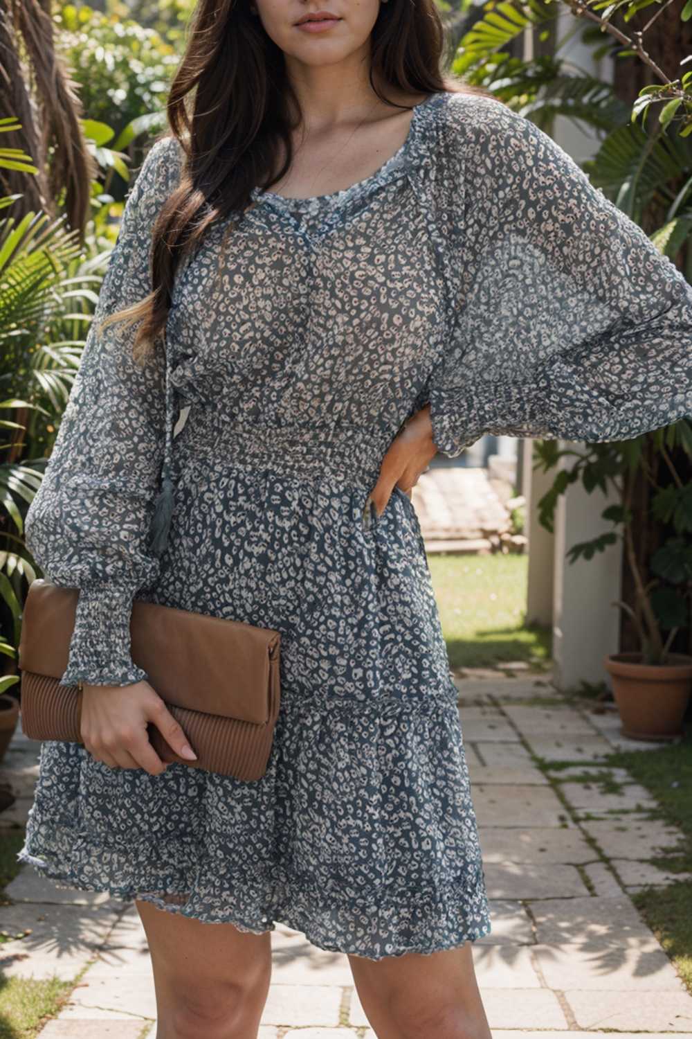 loose leopard print v neck dress drop shoulder a line closed cape paneled 116541