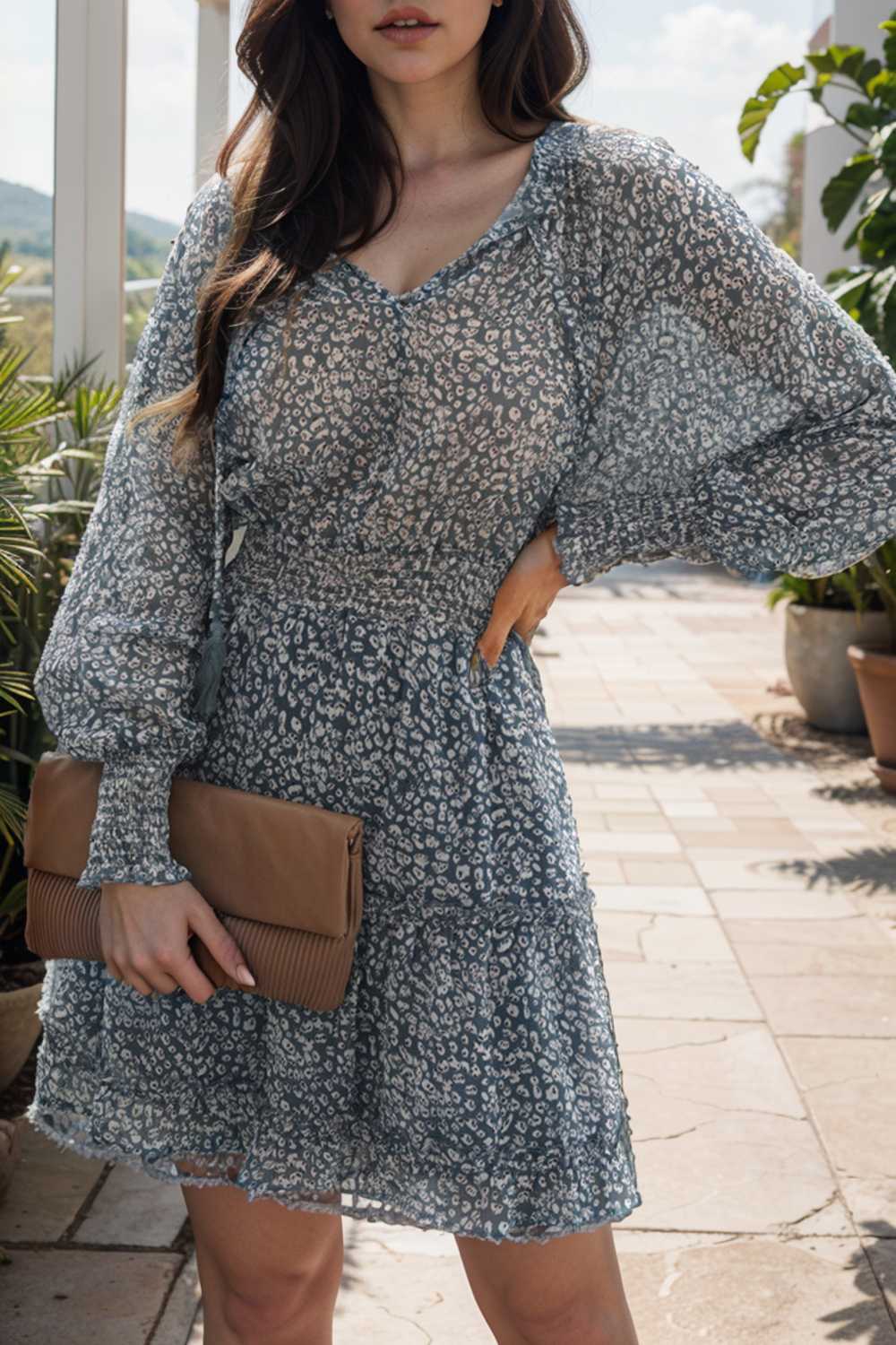loose leopard print v neck dress drop shoulder a line closed cape paneled 138069