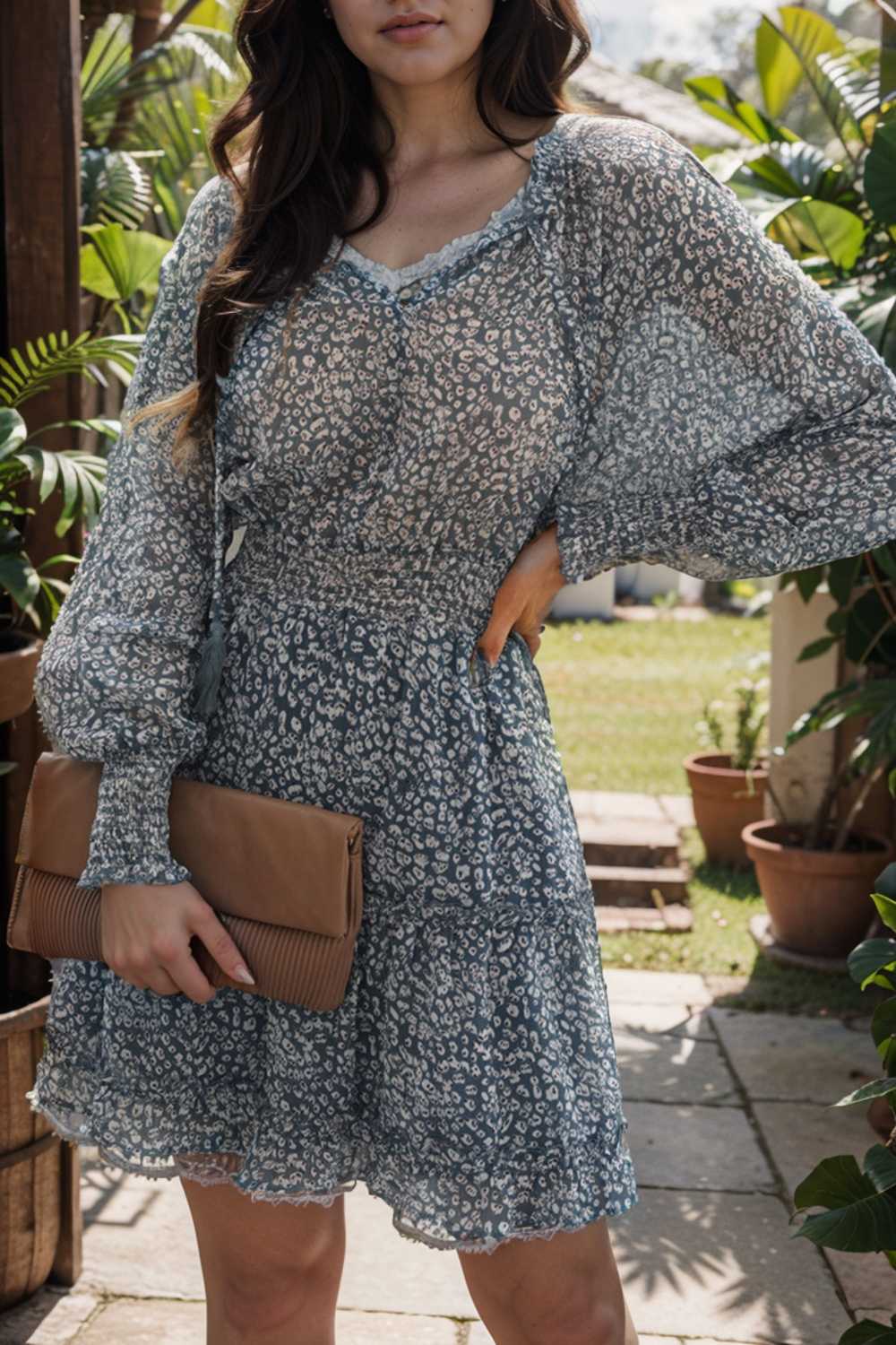 loose leopard print v neck dress drop shoulder a line closed cape paneled 116540