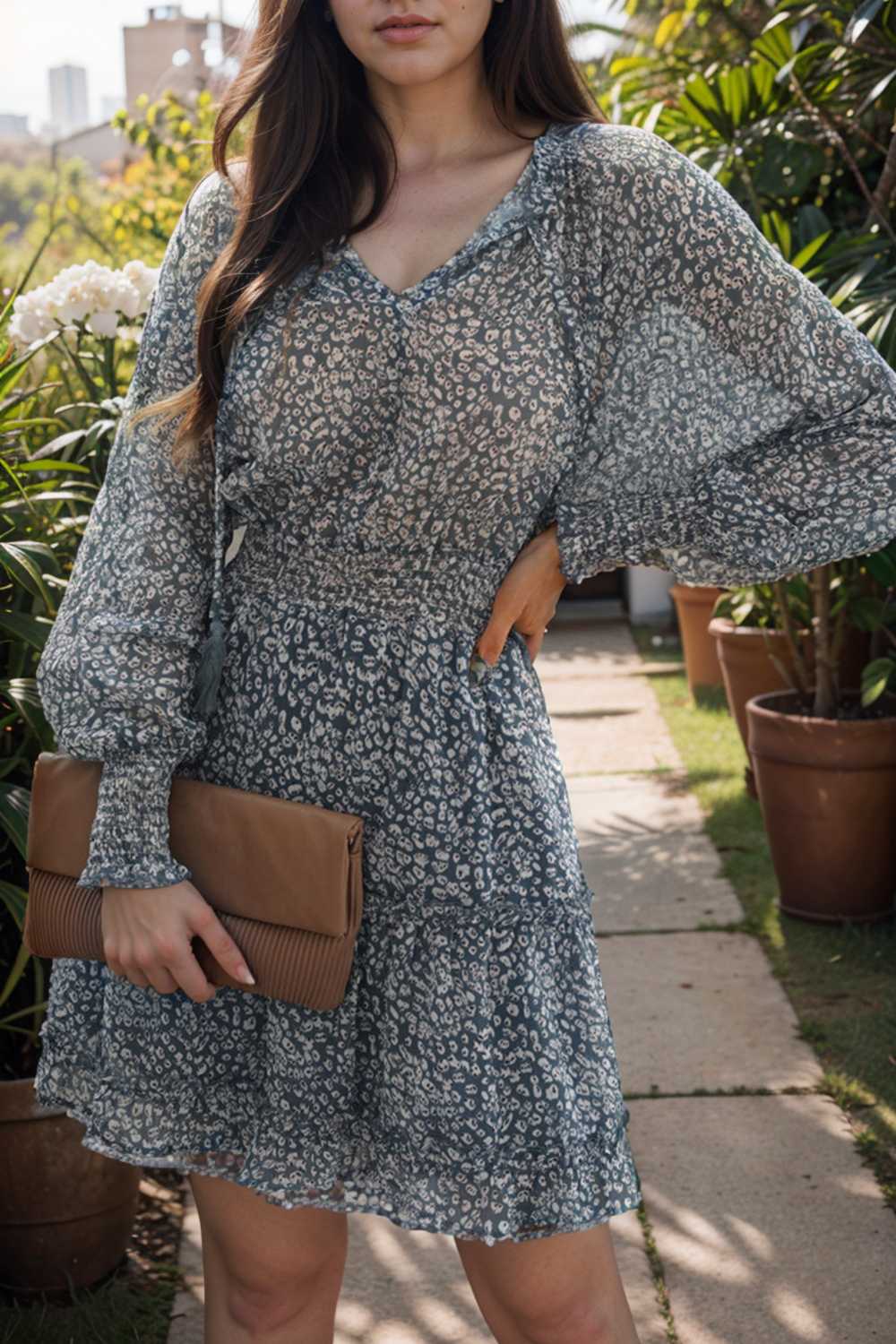 loose leopard print v neck dress drop shoulder a line closed cape paneled 109392