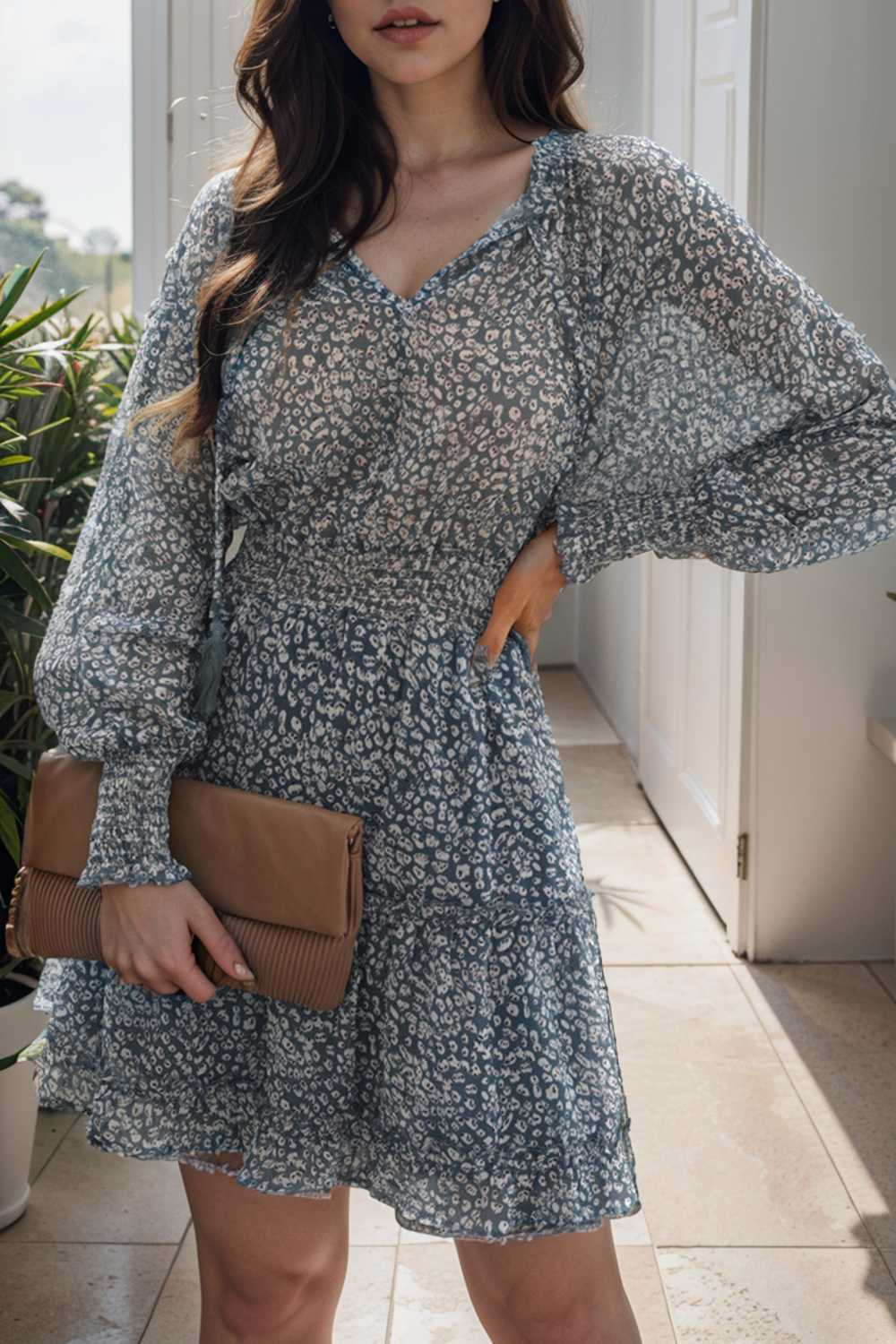 loose leopard print v neck dress drop shoulder a line closed cape paneled 138067