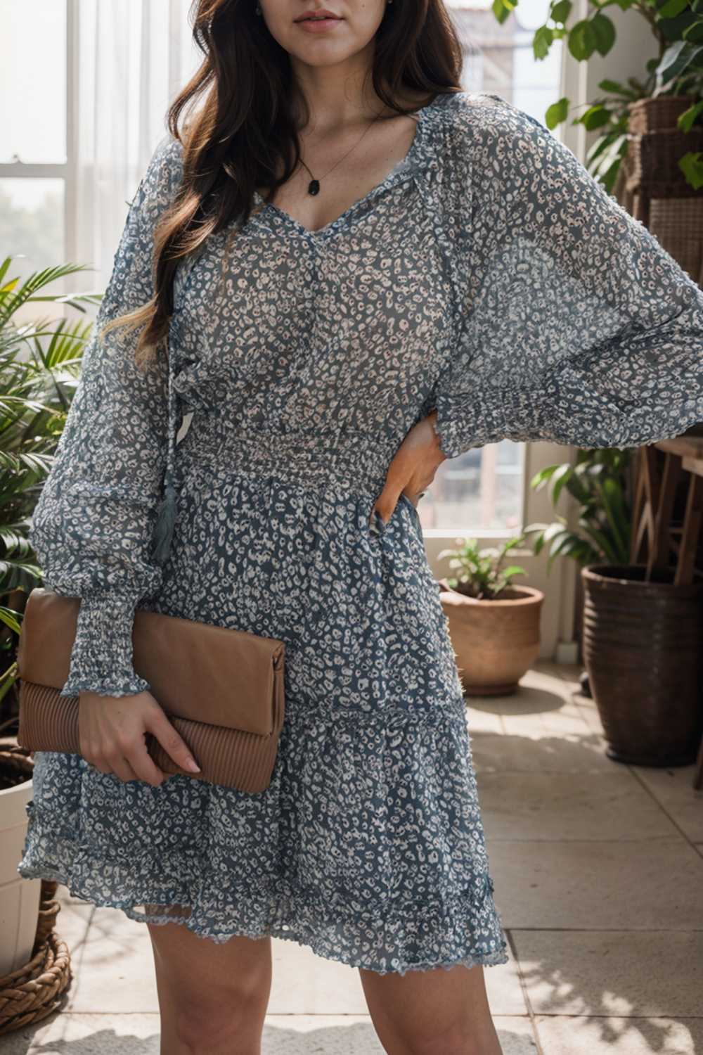 loose leopard print v neck dress drop shoulder a line closed cape paneled 109391