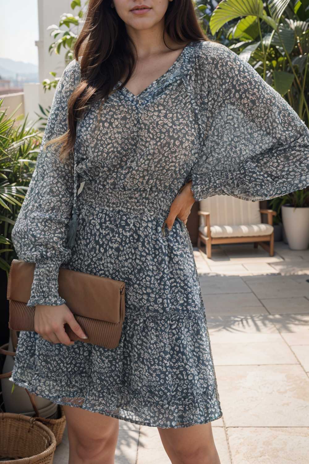 loose leopard print v neck dress drop shoulder a line closed cape paneled 130306