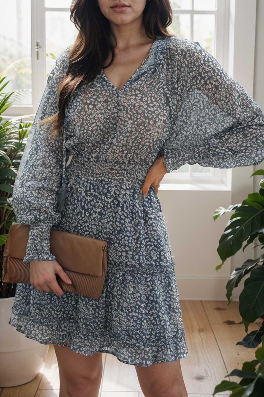 loose leopard print v neck dress drop shoulder a line closed cape paneled 116538