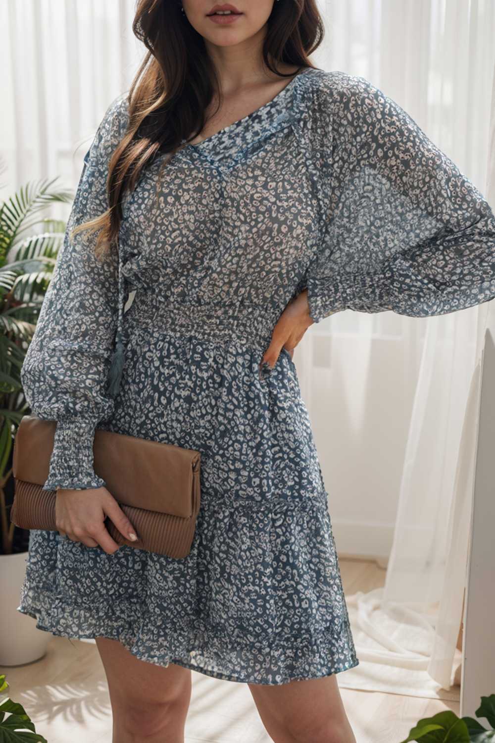 loose leopard print v neck dress drop shoulder a line closed cape paneled 138066