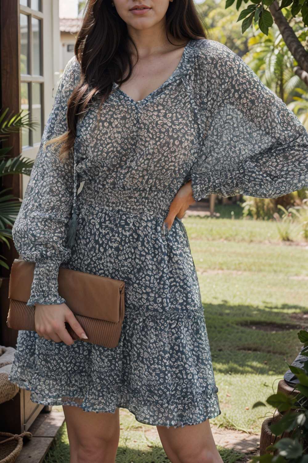 loose leopard print v neck dress drop shoulder a line closed cape paneled 116537