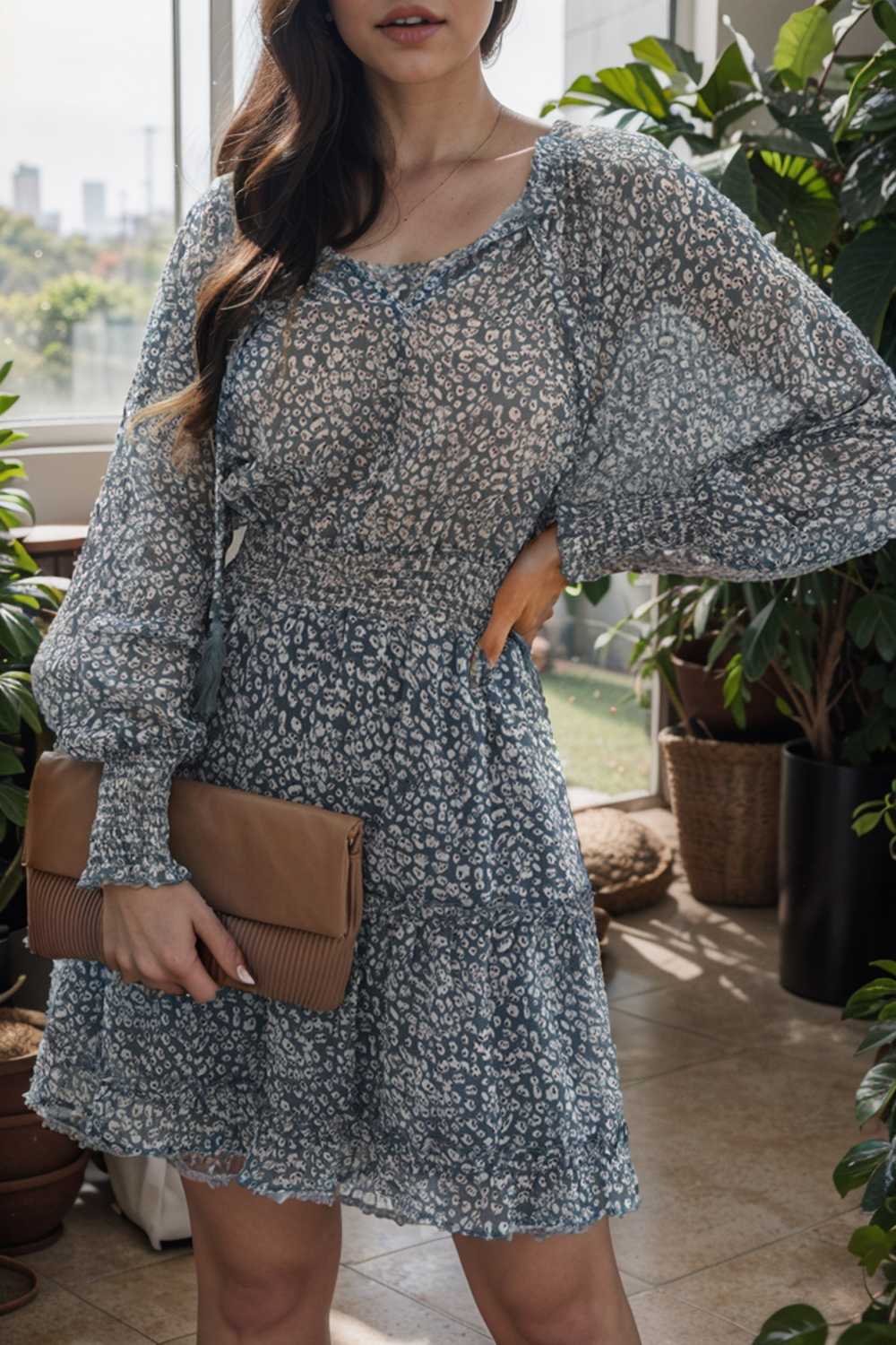 loose leopard print v neck dress drop shoulder a line closed cape paneled 138065
