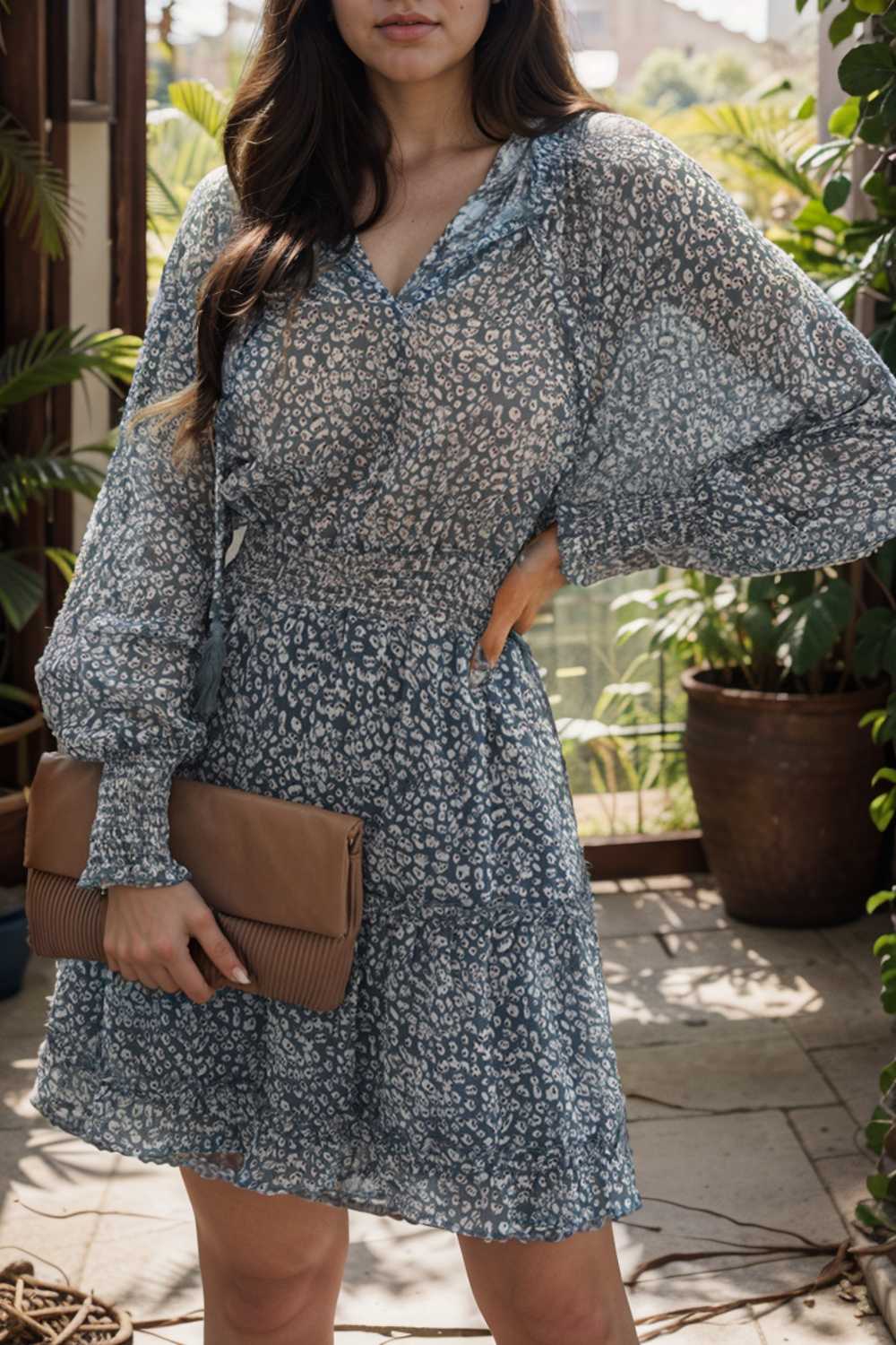 loose leopard print v neck dress drop shoulder a line closed cape paneled 116536