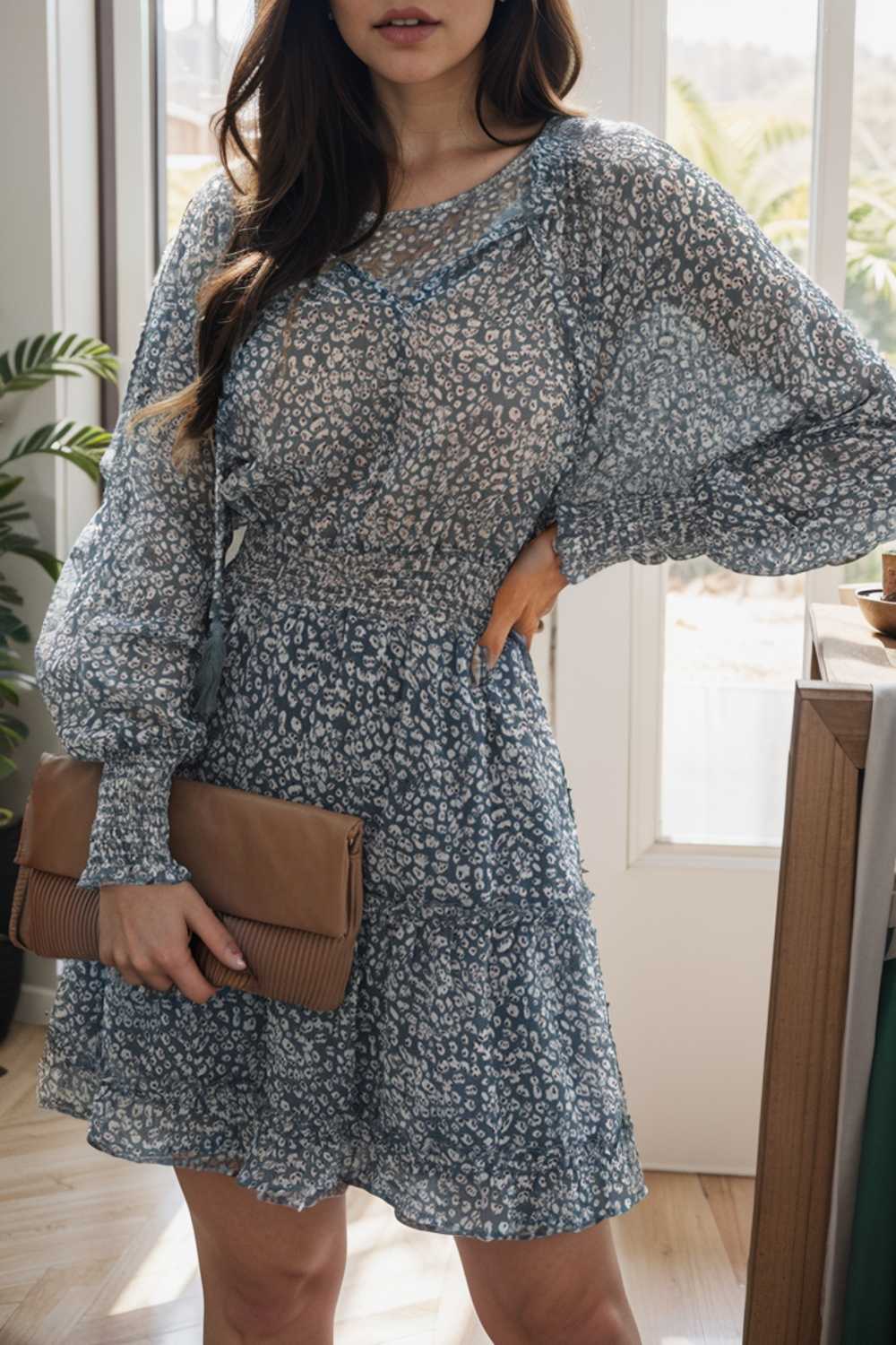loose leopard print v neck dress drop shoulder a line closed cape paneled 138064