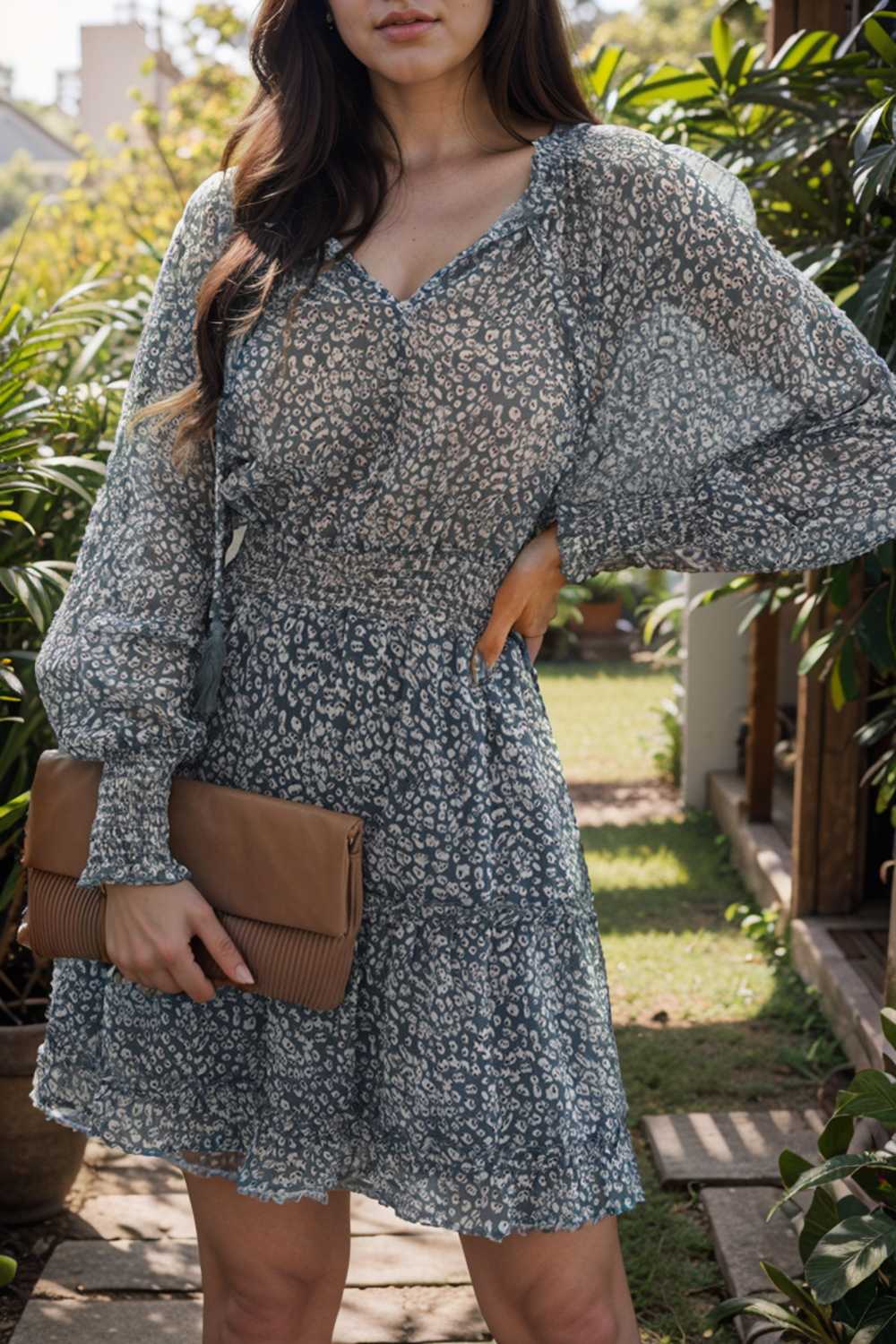 loose leopard print v neck dress drop shoulder a line closed cape paneled 116535