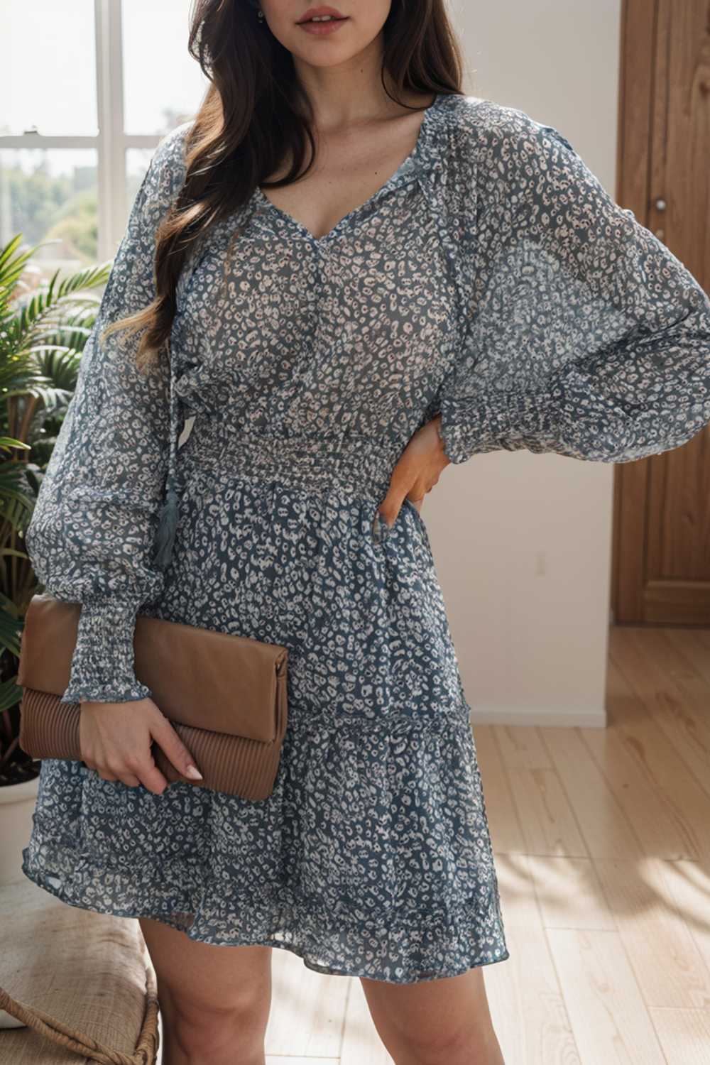 loose leopard print v neck dress drop shoulder a line closed cape paneled 138063
