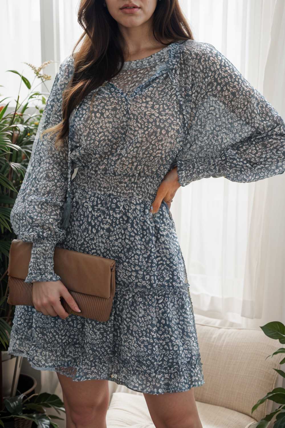 loose leopard print v neck dress drop shoulder a line closed cape paneled 117603