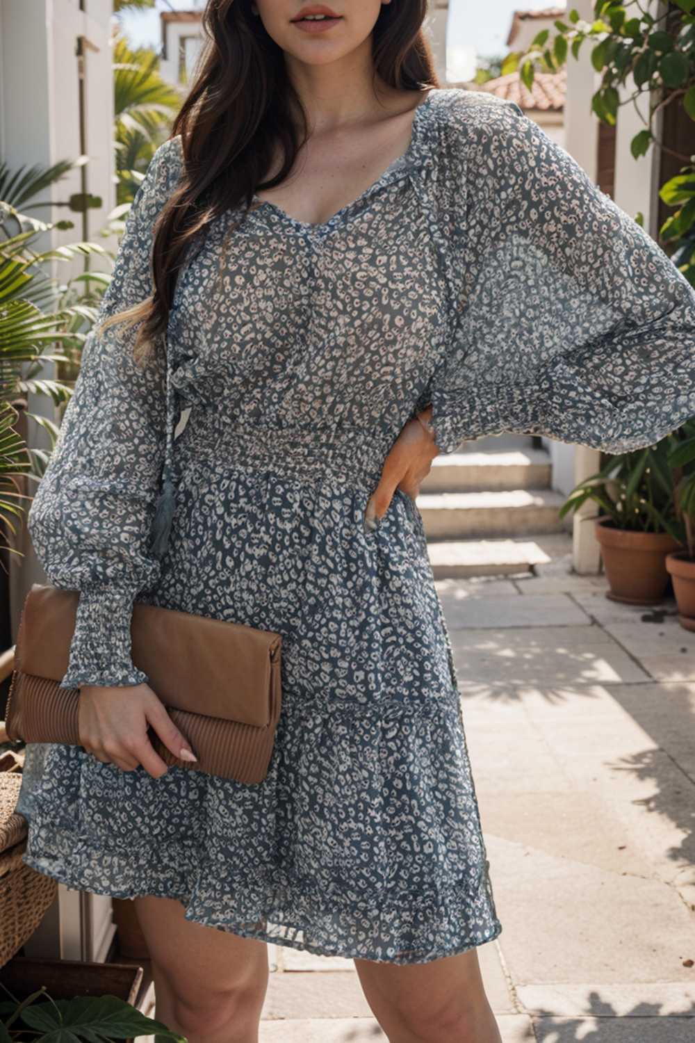 loose leopard print v neck dress drop shoulder a line closed cape paneled 138062