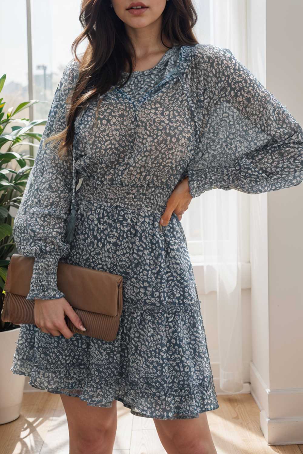 loose leopard print v neck dress drop shoulder a line closed cape paneled 141801