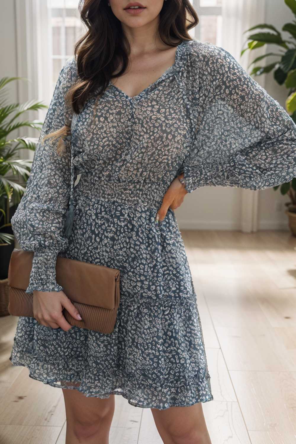 loose leopard print v neck dress drop shoulder a line closed cape paneled 138061