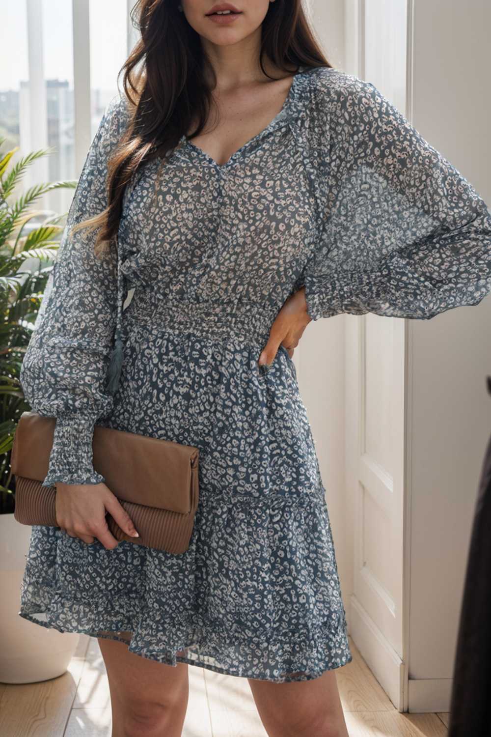 loose leopard print v neck dress drop shoulder a line closed cape paneled 138060