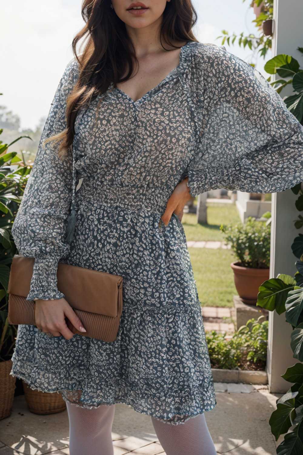 loose leopard print v neck dress drop shoulder a line closed cape paneled 141800
