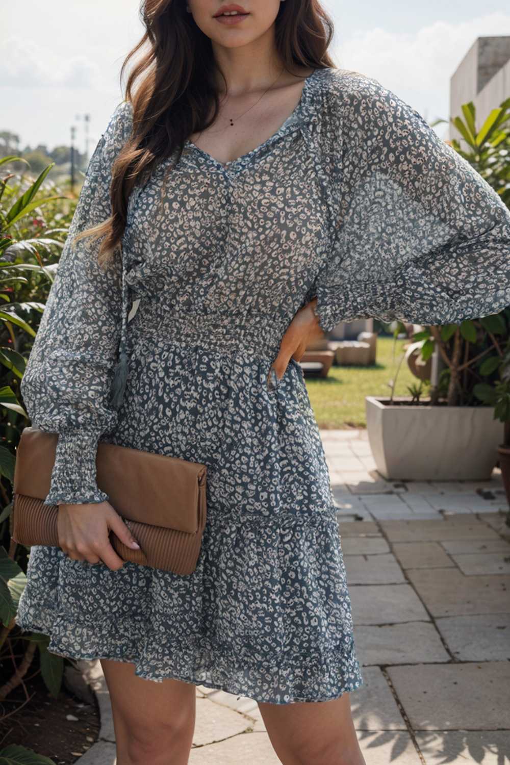 loose leopard print v neck dress drop shoulder a line closed cape paneled 138059
