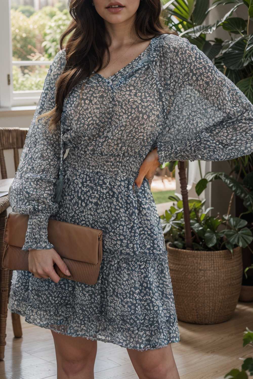 loose leopard print v neck dress drop shoulder a line closed cape paneled 141799