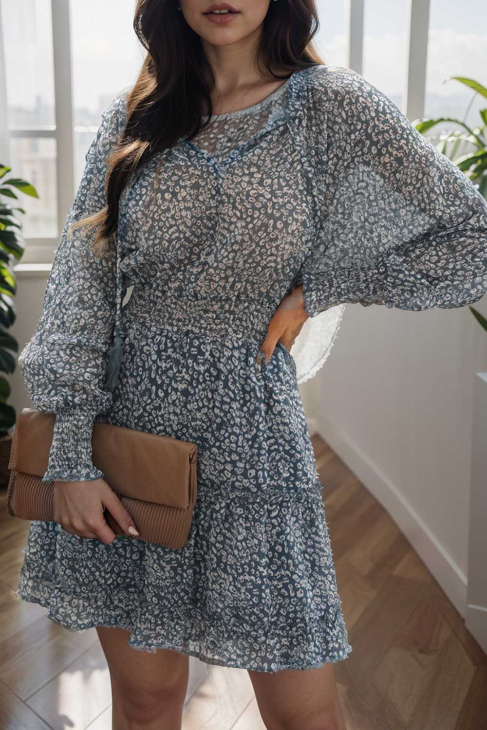 loose leopard print v neck dress drop shoulder a line closed cape paneled 141797