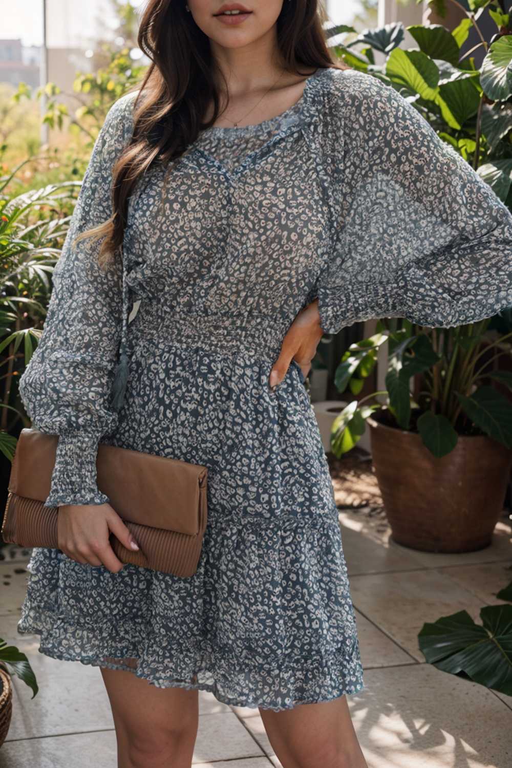 loose leopard print v neck dress drop shoulder a line closed cape paneled 141796