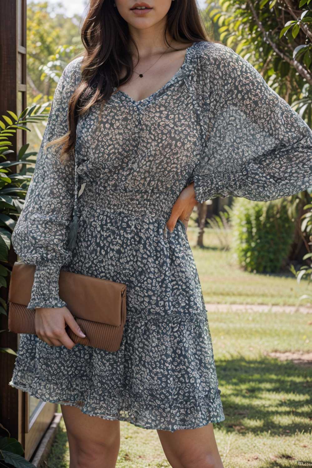 loose leopard print v neck dress drop shoulder a line closed cape paneled 141795