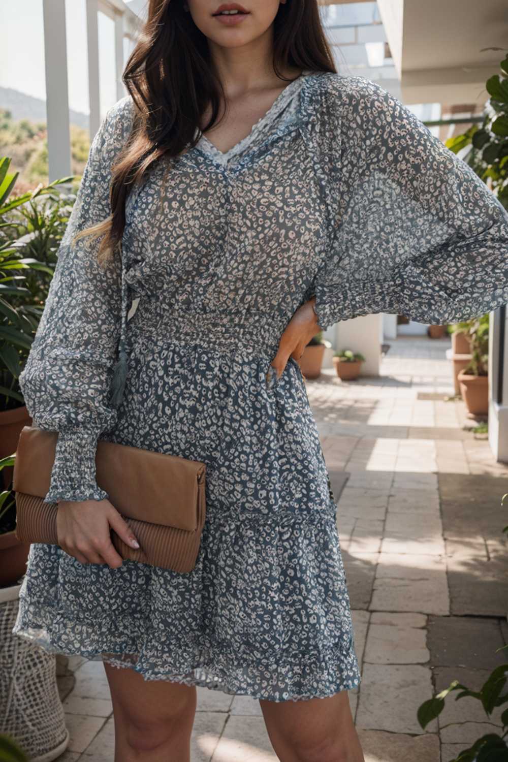 loose leopard print v neck dress drop shoulder a line closed cape paneled 141794