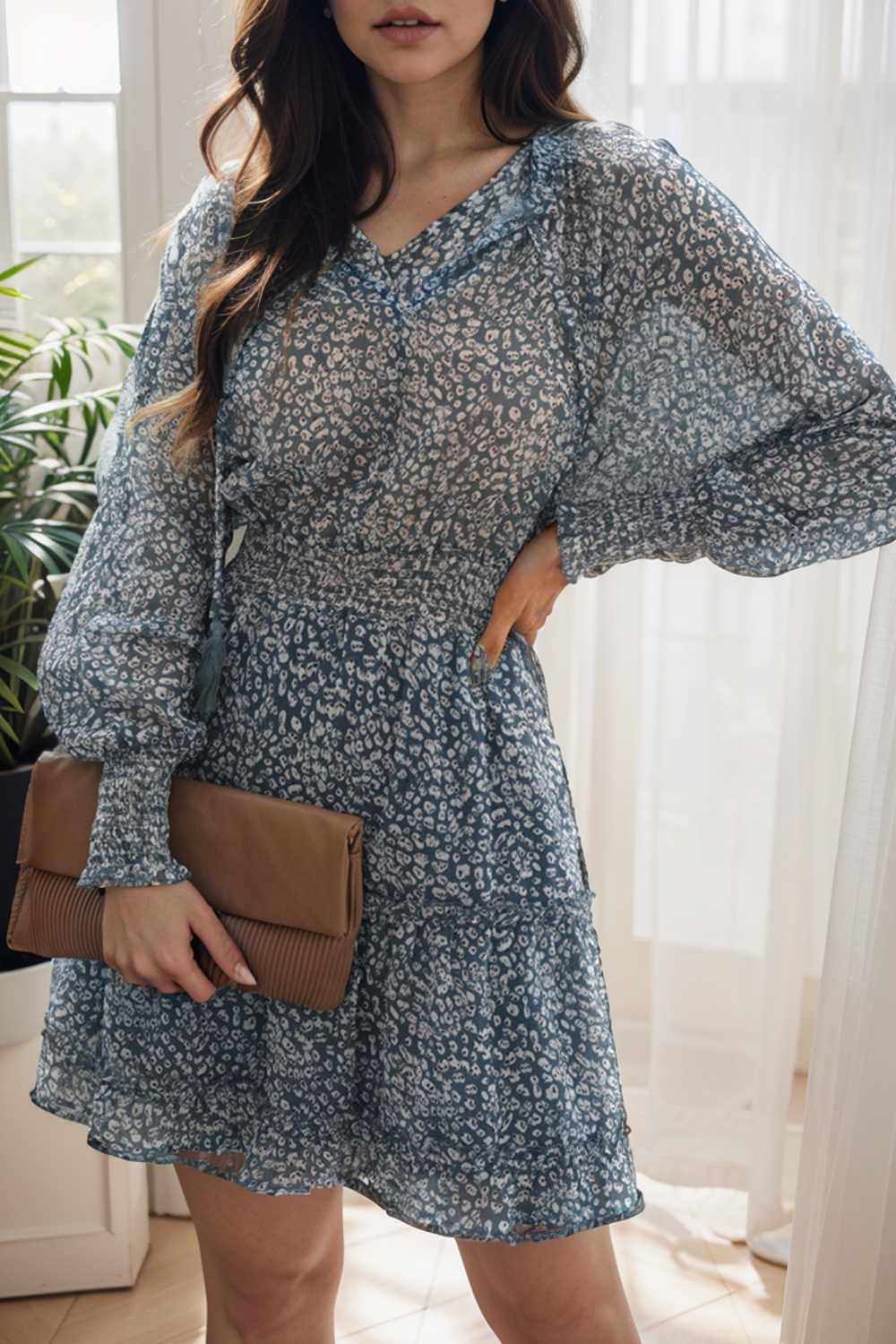 loose leopard print v neck dress drop shoulder a line closed cape paneled 141793