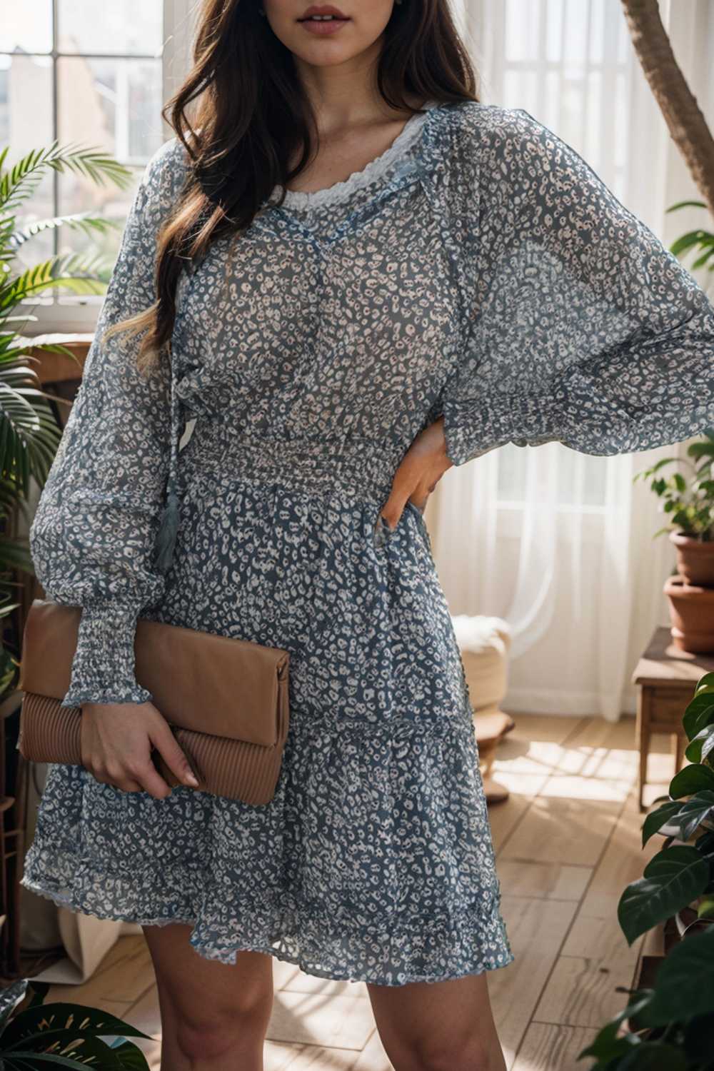 loose leopard print v neck dress drop shoulder a line closed cape paneled 141791
