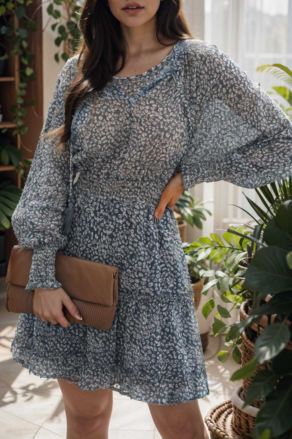 loose leopard print v neck dress drop shoulder a line closed cape paneled 141790