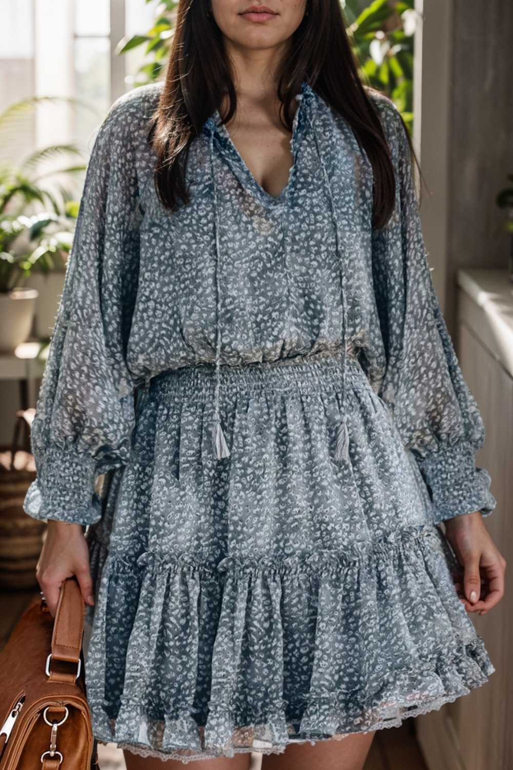 loose leopard print v neck dress drop shoulder a line closed cape paneled 109389