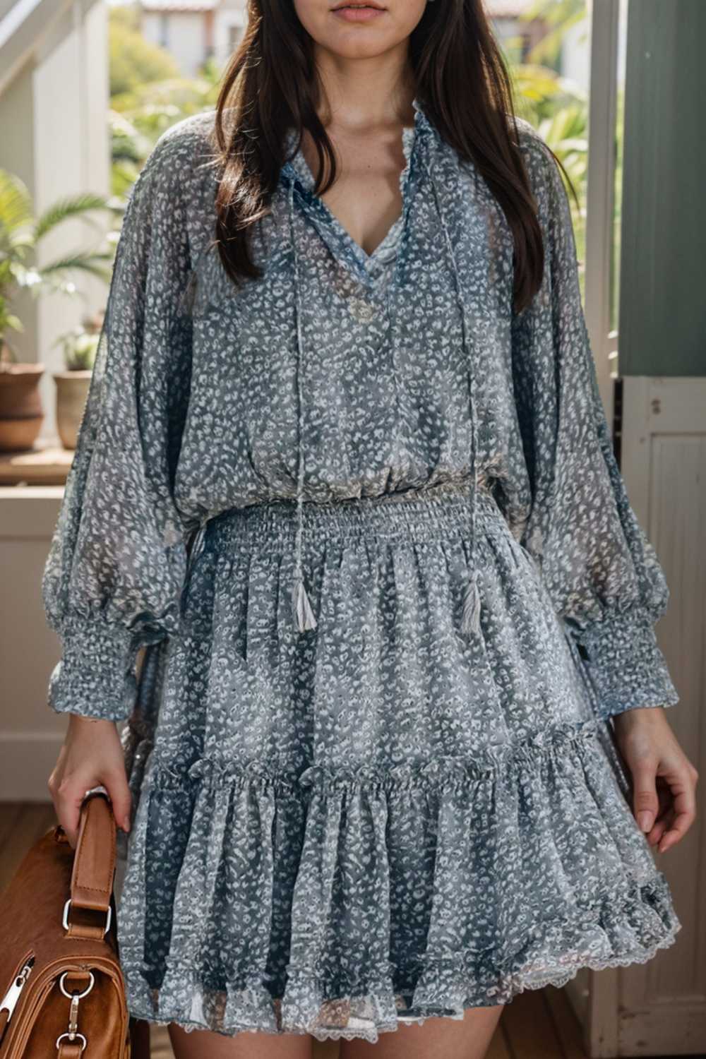 loose leopard print v neck dress drop shoulder a line closed cape paneled 131843