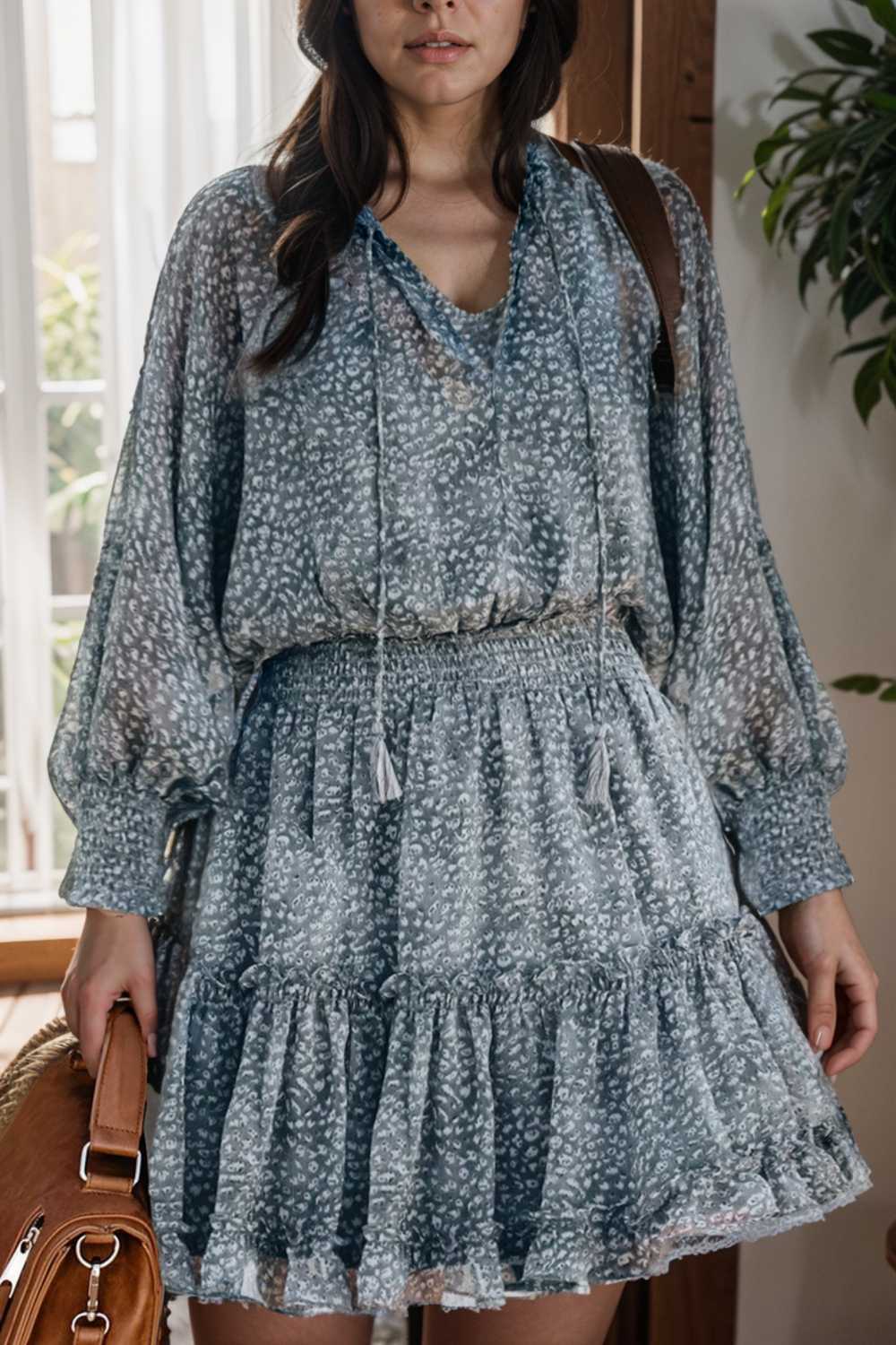 loose leopard print v neck dress drop shoulder a line closed cape paneled 131161