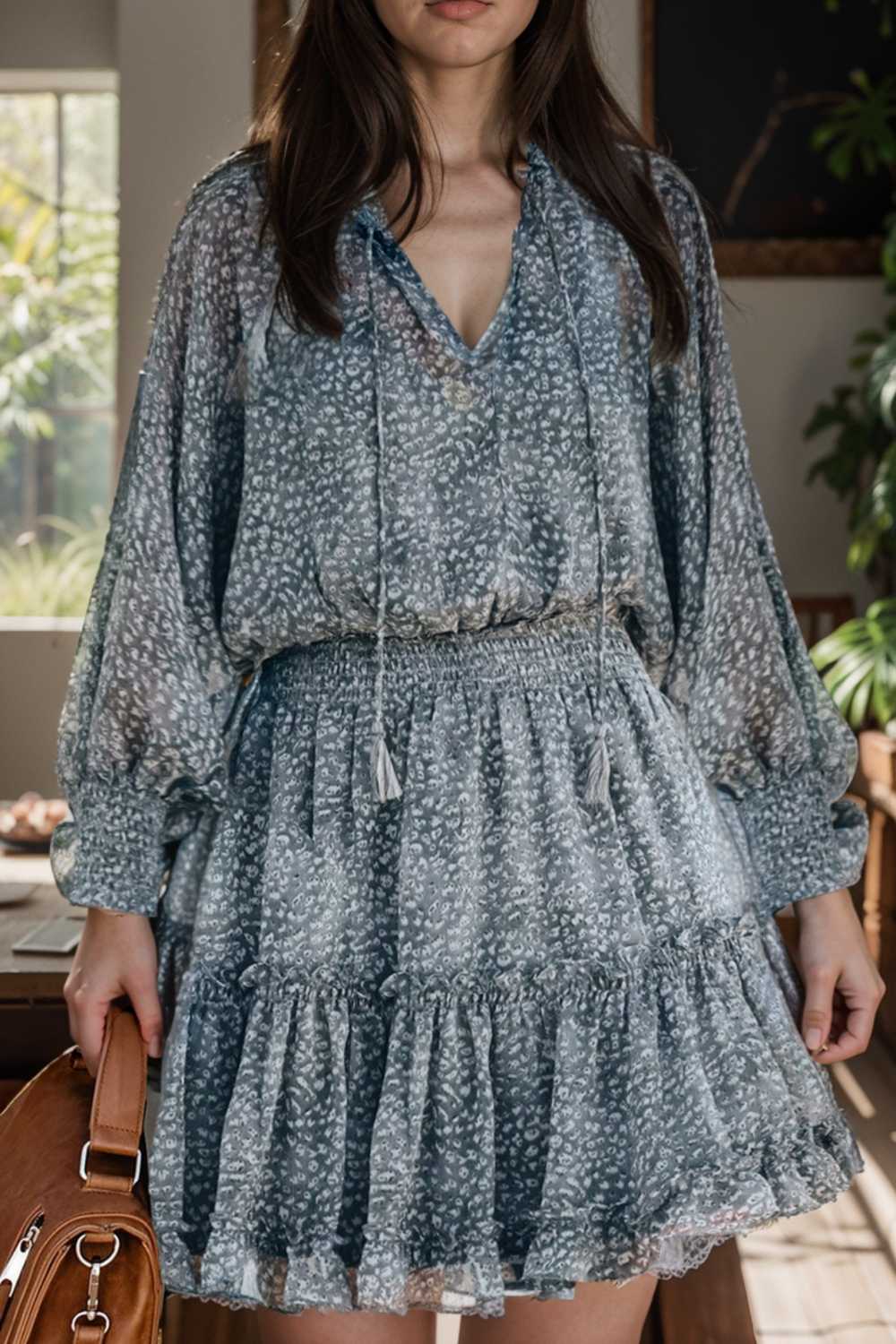 loose leopard print v neck dress drop shoulder a line closed cape paneled 130305