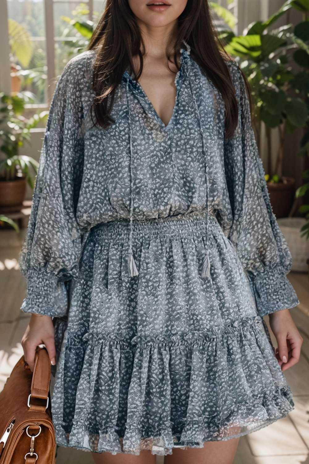 loose leopard print v neck dress drop shoulder a line closed cape paneled 138057