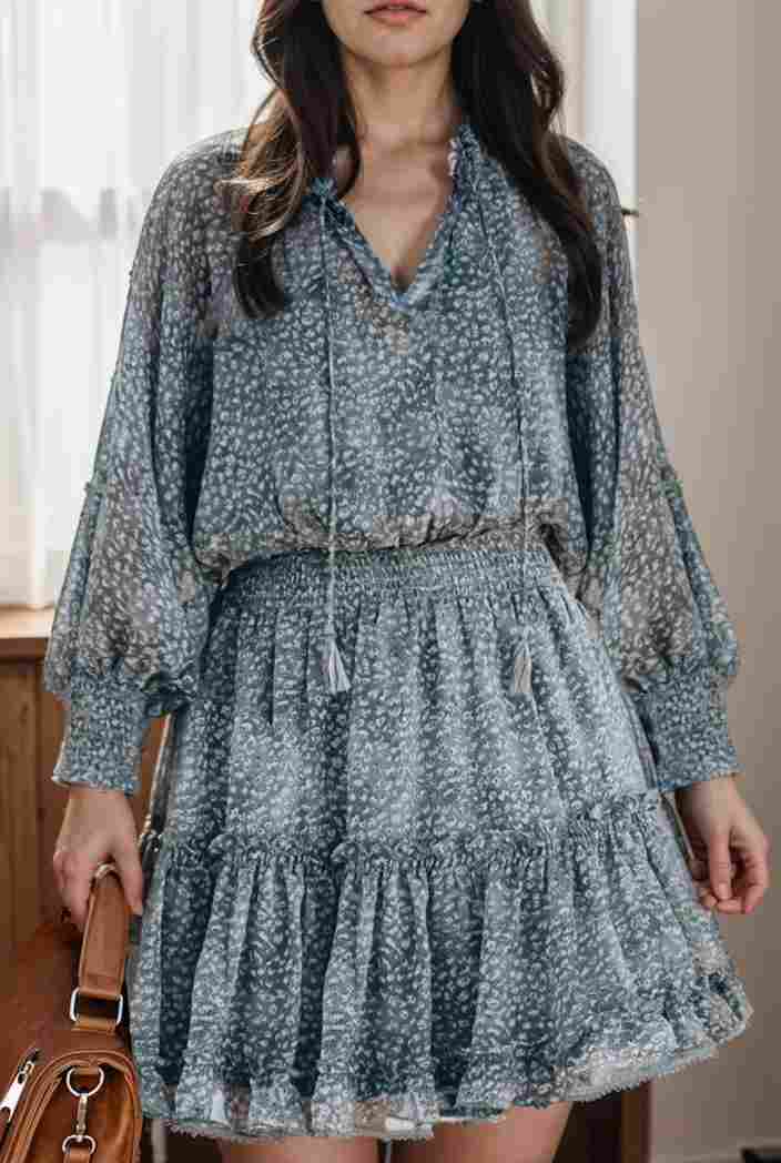 loose leopard print v neck dress drop shoulder a line closed cape paneled 118768