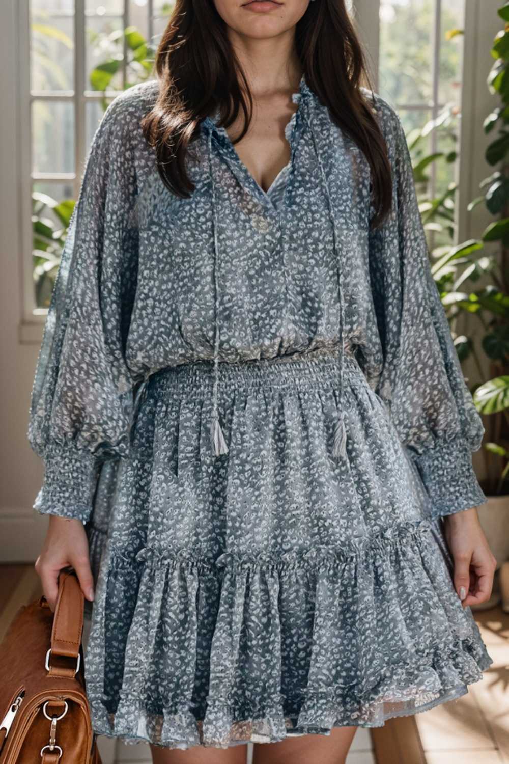 loose leopard print v neck dress drop shoulder a line closed cape paneled 130304