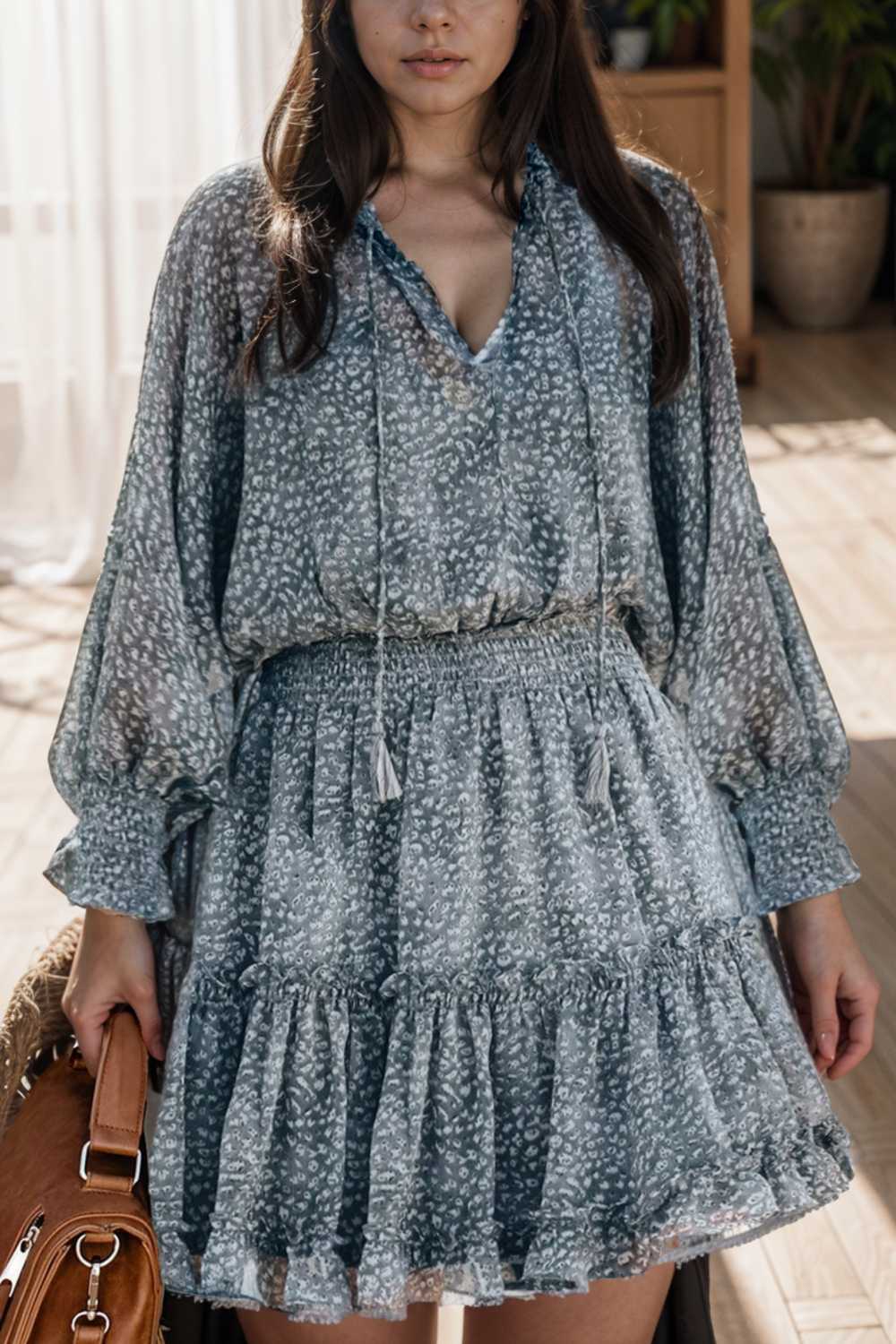loose leopard print v neck dress drop shoulder a line closed cape paneled 109388