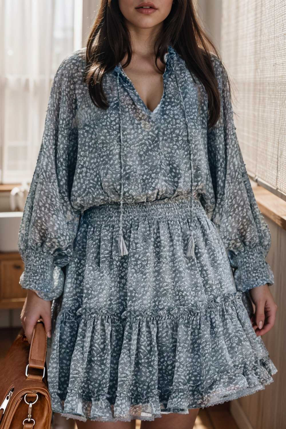 loose leopard print v neck dress drop shoulder a line closed cape paneled 141788