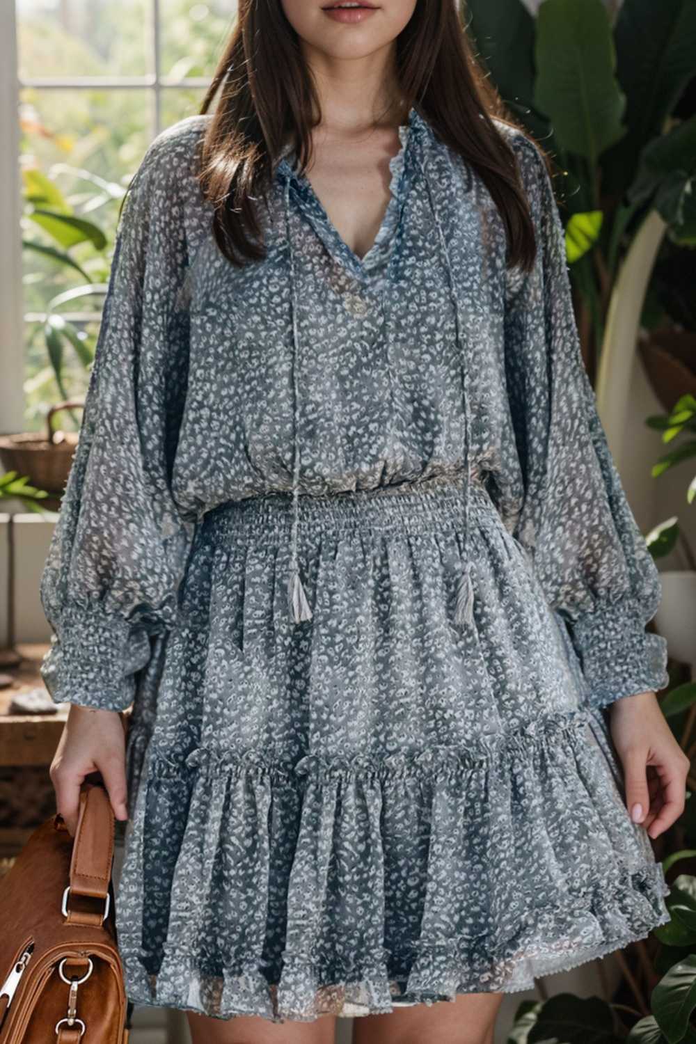 loose leopard print v neck dress drop shoulder a line closed cape paneled 138056