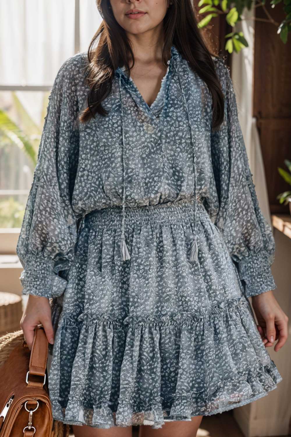 loose leopard print v neck dress drop shoulder a line closed cape paneled 116533