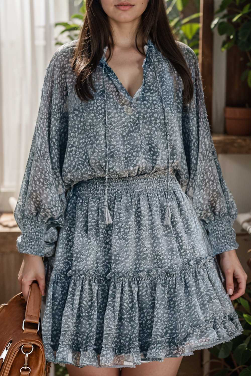 loose leopard print v neck dress drop shoulder a line closed cape paneled 130303