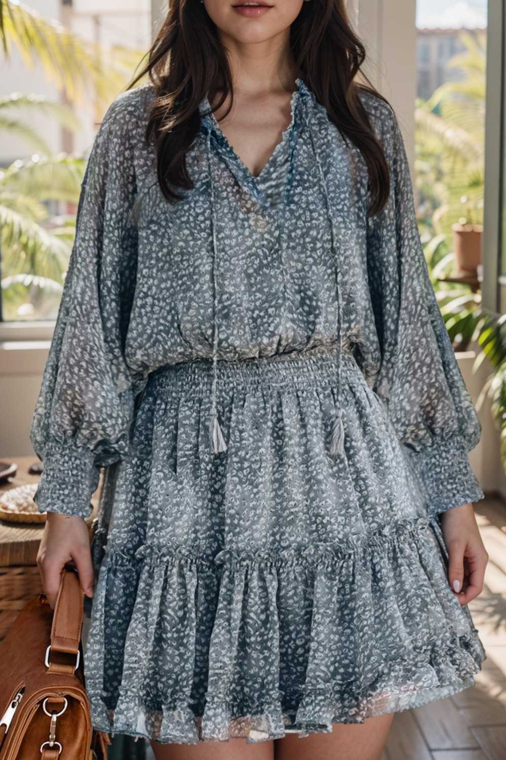 loose leopard print v neck dress drop shoulder a line closed cape paneled 141787