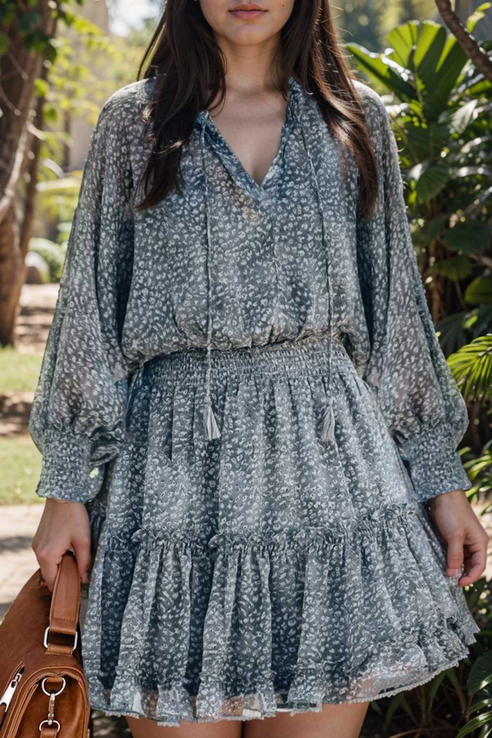 loose leopard print v neck dress drop shoulder a line closed cape paneled 116532