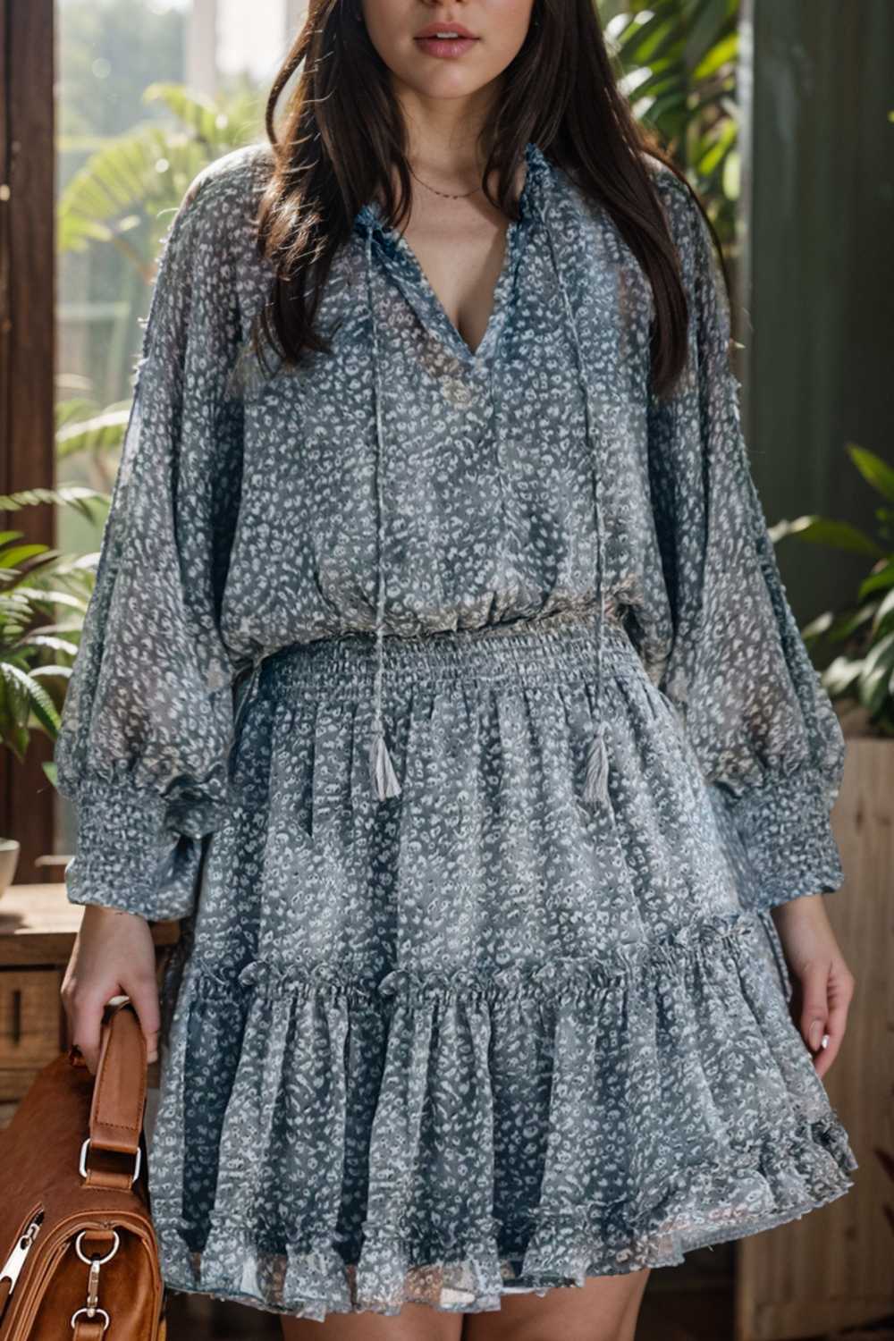 loose leopard print v neck dress drop shoulder a line closed cape paneled 138054