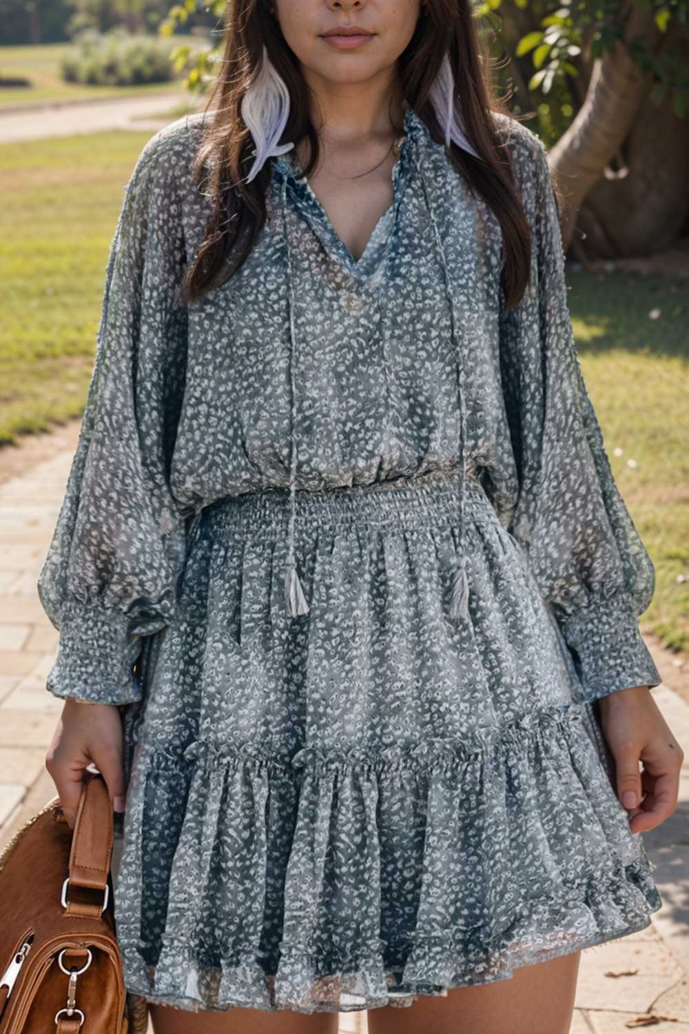 loose leopard print v neck dress drop shoulder a line closed cape paneled 130302