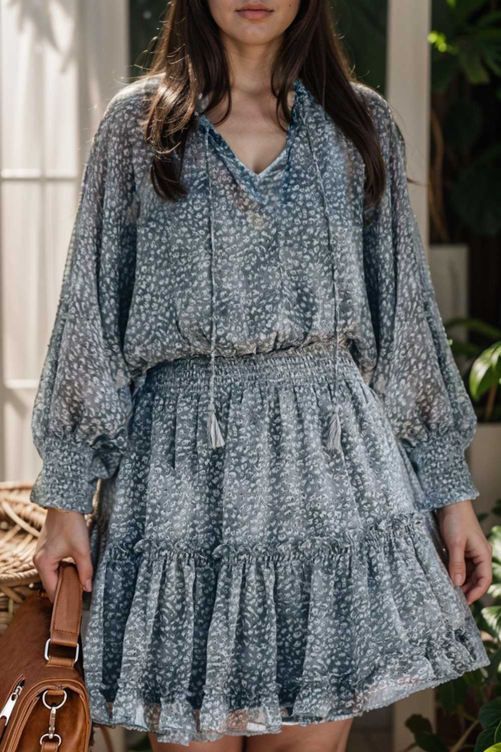 loose leopard print v neck dress drop shoulder a line closed cape paneled 109386