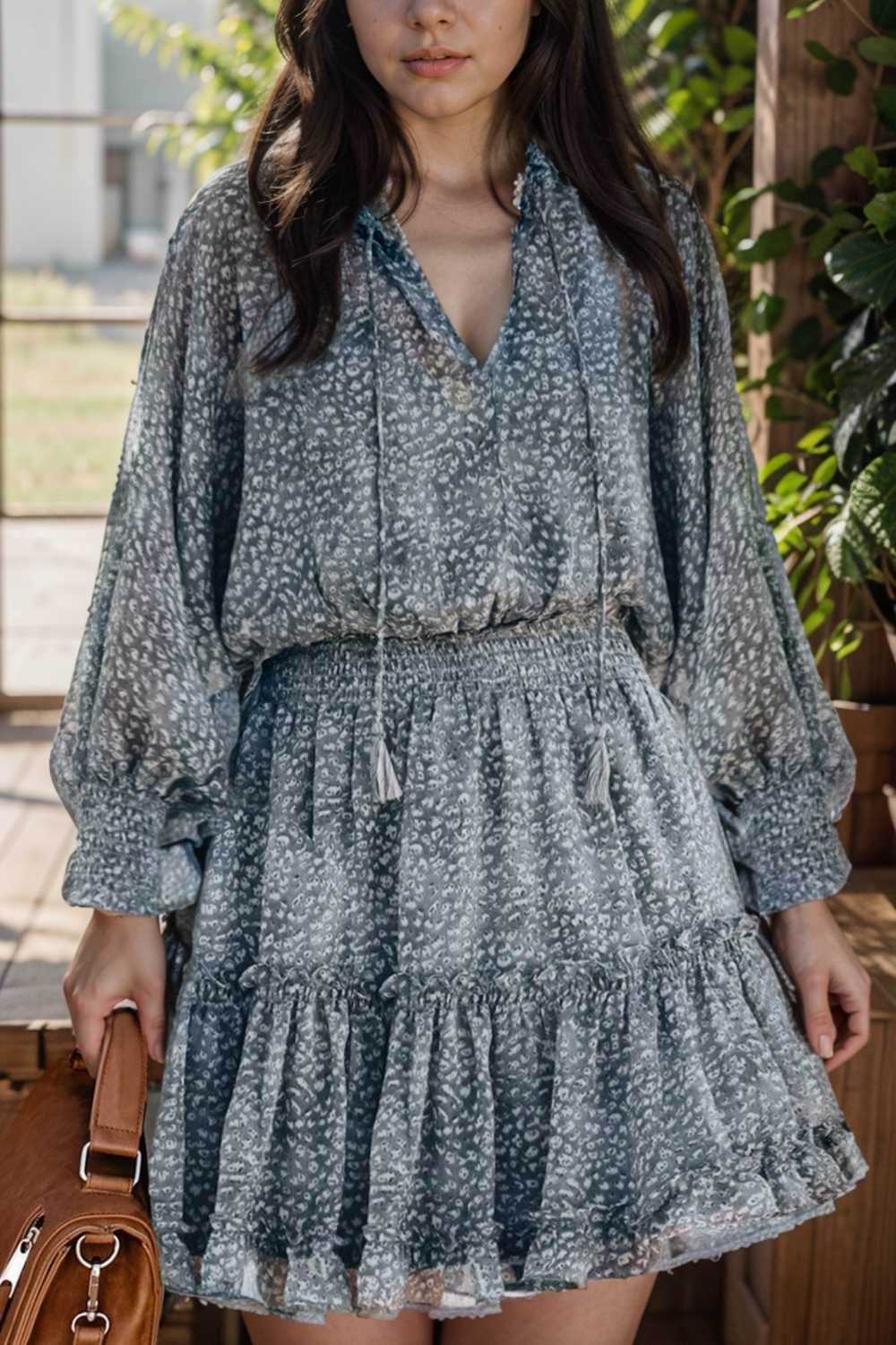 loose leopard print v neck dress drop shoulder a line closed cape paneled 116531