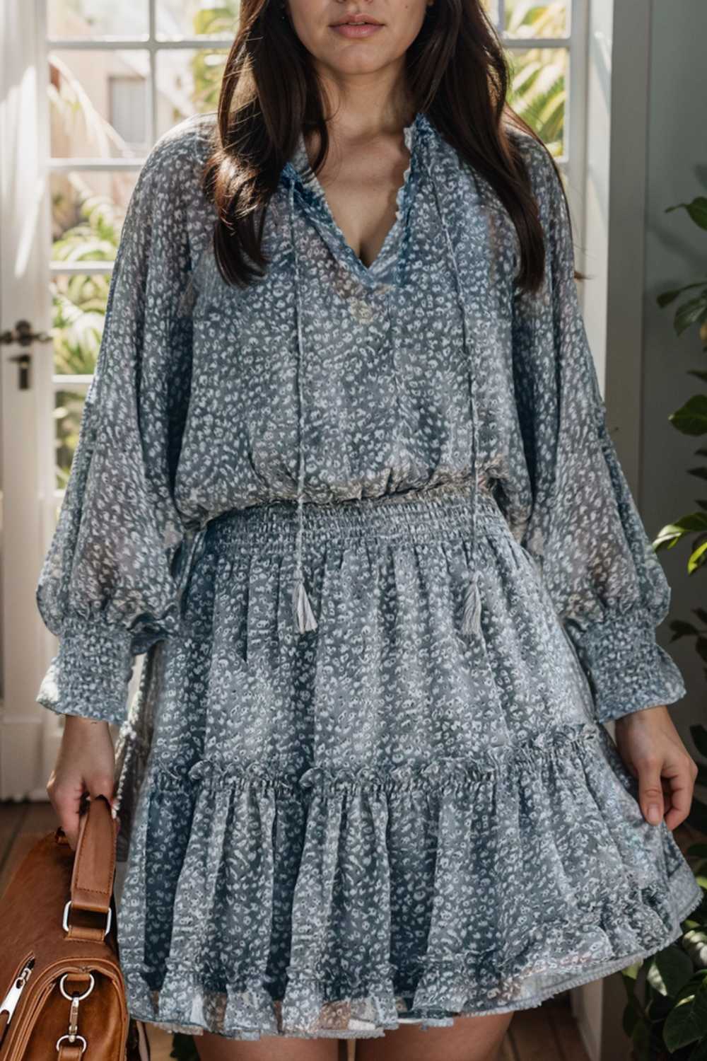 loose leopard print v neck dress drop shoulder a line closed cape paneled 109385